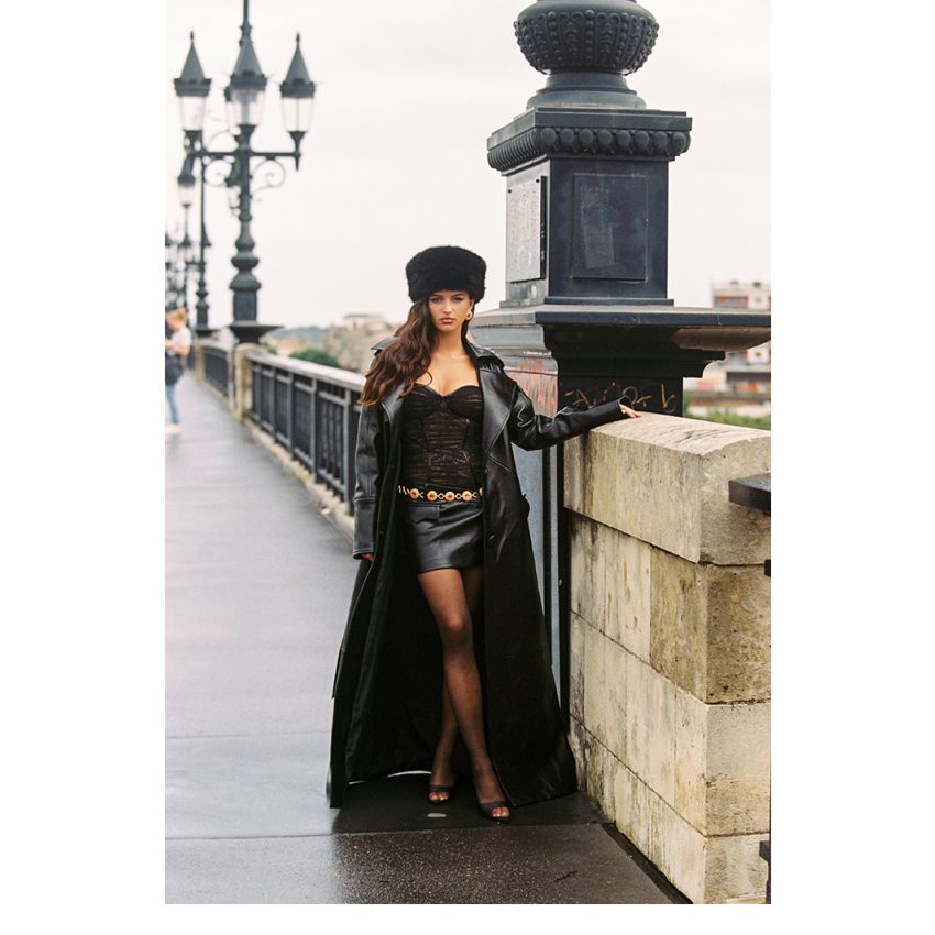 Lace mesh pleated leather dress