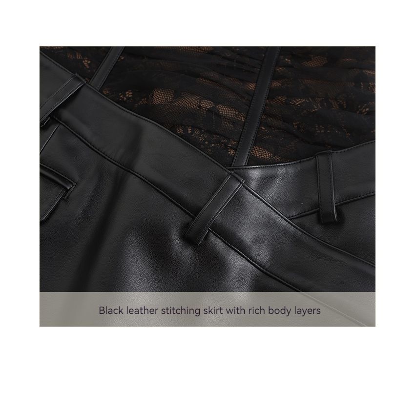 Lace mesh pleated leather dress