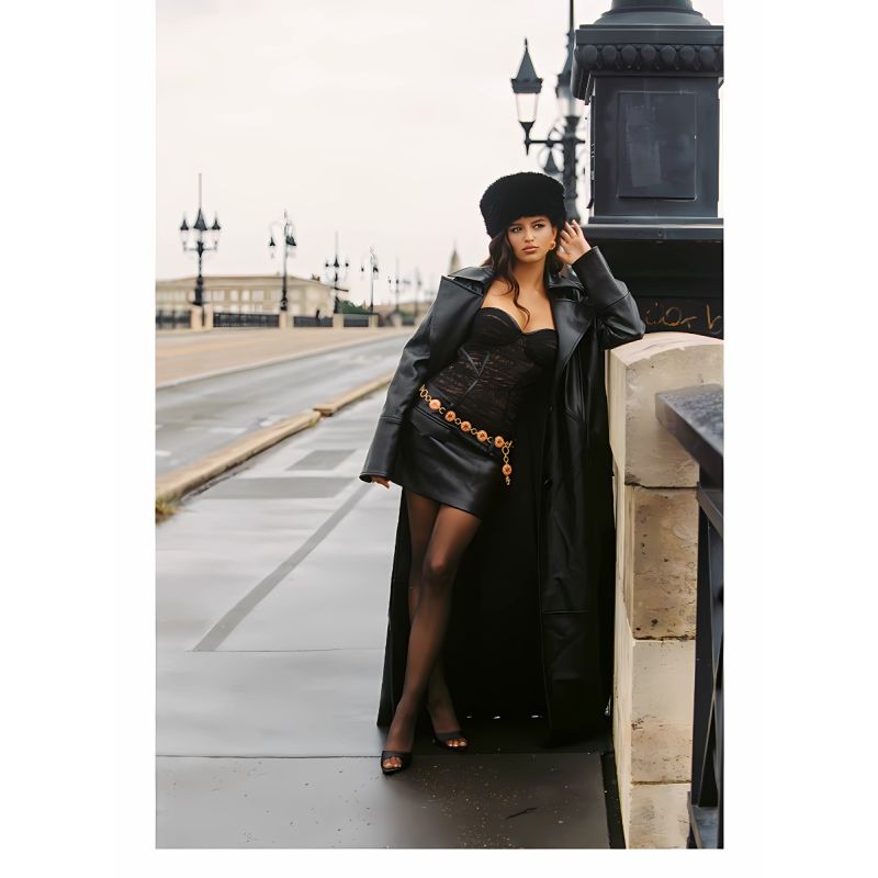 Lace mesh pleated leather dress